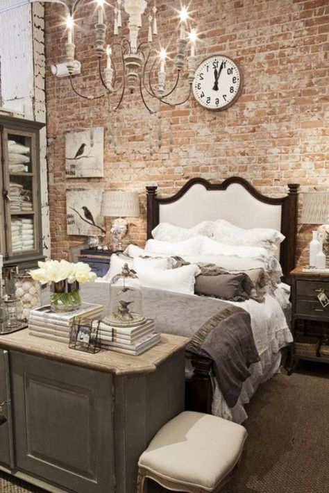 57 Spectacular interiors with exposed brick walls                                                                                                                                                                                 More Interior Boho, Budget Bedroom, Decor Shabby Chic, Exposed Brick Walls, Brick Walls, Romantic Bedroom, Dreamy Bedrooms, Design Del Prodotto, Chic Bedroom