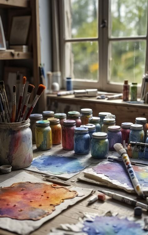 Drawing tools on a table in front of a window in an art studio. Photo created by AI. Artist Table Aesthetic, Hobby Drawing Aesthetic, Painting Tools Aesthetic, Painting Hobby Aesthetic, Hobby Aesthetic, Painting Hobby, Window Drawing, Art Studio Room, Workshop Studio