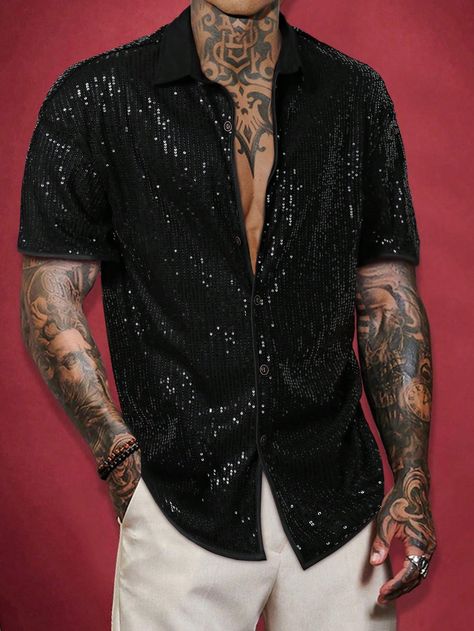 Black Party Collar Short Sleeve Sequins Plain,All Over Print Shirt Embellished Non-Stretch  Men Clothing Euphoria For Men Outfit, Vegas Guys Outfit, Bling Outfits Men, Men Sparkle Outfit, Mens Glitter Outfit, Men Sequin Outfit, Sequin Shirt Men, Mens Sparkle Outfit, Black And Silver Outfit Men