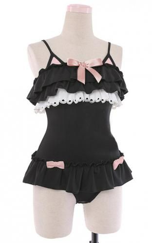 Swimsuits Emo, Swimsuit Japanese Style, Femboy Swim Outfit, Japanese Swimming Suit, Kawaii Swimwear, Frilly Swimsuit, Swimsuit Kawaii, Gothic Swimsuit, Cat Swimsuit