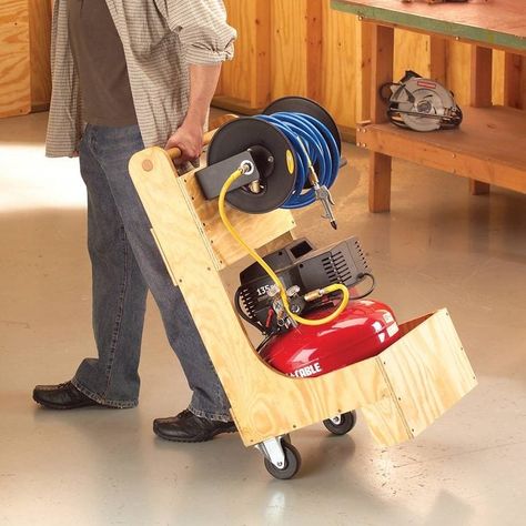 Diy Compressor Cart, Mobile Tool Cart Diy, Tool Cart Diy, Air Compressor Cart, Compressor Cart, Mobile Tool Cart, Garage Storage Inspiration, Workshop Diy, Diy Furniture Videos