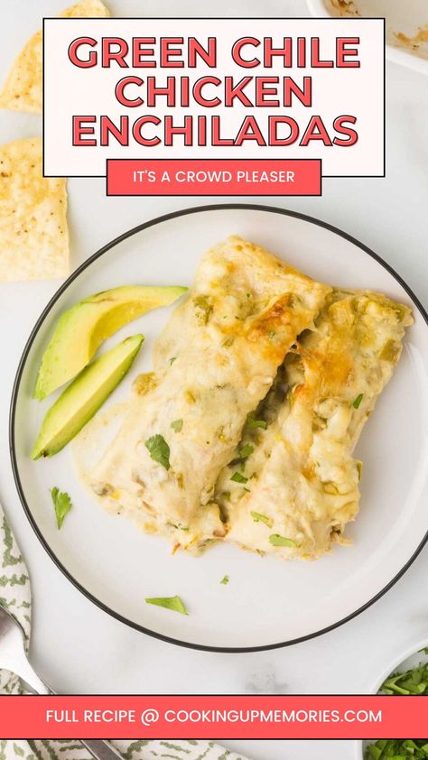 These Green Chile Chicken Enchiladas with Sour Cream are creamy, flavorful, and loaded with tender chicken, tangy green chiles, and a rich sour cream sauce. Perfect for a comforting dinner or family gathering, this easy-to-make recipe is packed with bold, delicious flavors that will leave everyone coming back for more. A must-try for enchilada lovers! New Mexico Green Chile Chicken Enchiladas, Creamy Green Chicken Enchiladas, Chicken Enchiladas With Green Sauce, Chicken Enchiladas With Sour Cream, Homemade Green Chili, Verde Chicken Enchiladas, Sour Cream Chicken Enchilada Recipe, Green Chili Chicken Enchiladas, Green Enchiladas