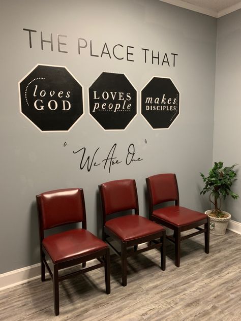 Christian Wall Mural, Fellowship Hall Decor Church, Small Church Lobby Design, Church Event Decorations, Church Bathroom Decor, Church Office Decor, Church Room Ideas, Church Foyer Decor, Church Hallway Decor