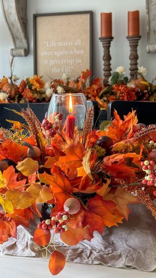 Glass Vase Fall Decor Ideas, Dollar Tree Plates, Centerpiece With Candles, Fall Candle Centerpieces, Candle Centerpiece, Holiday Hack, Dollar Tree Fall, Fall Candle, Fall Decor Inspiration