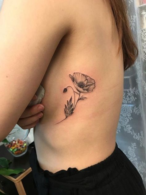 Floral Poppy Tattoo, Poppy Tattoo On Ribs, Poppy Flower Rib Tattoo, Roses And Poppies Tattoo, Cute Poppy Flower Tattoo, Wheat And Poppy Tattoo, Black And White Poppy Flower Tattoo, Poppy Flower Back Tattoo, Poppy Tattoo Ribs