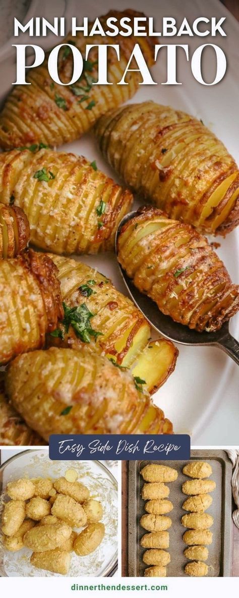 Mini Hasselback Potatoes are crisp, tender and buttery potatoes roasted with garlic and cheese. A perfect side dish for a busy weeknight! This simple delicious potato Side Dish is a cross between classic Baked Potatoes and Roasted Potatoes. Mini Hasselback Potatoes, Garlic Baked Potatoes, Potato Side Dishes Easy, Buttery Potatoes, Potato Side Dish, Potatoes Roasted, Potatoes In Oven, Roasted Vegetables Oven, Roasted Potato Recipes