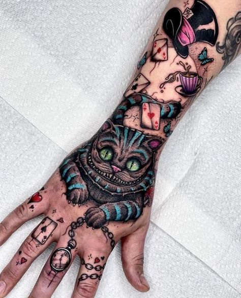 Creative Disney Tattoos, Cute Frankenstein Tattoo, Disney Hand Tattoos For Women, Creepy Sleeve Tattoo, Alice In Wonderland Cat Tattoo, Coloured Tattoos For Women, Tattoo Ideas Tim Burton, Alice In Wonderland Sleeve Tattoo, Dark Alice In Wonderland Tattoo Ideas