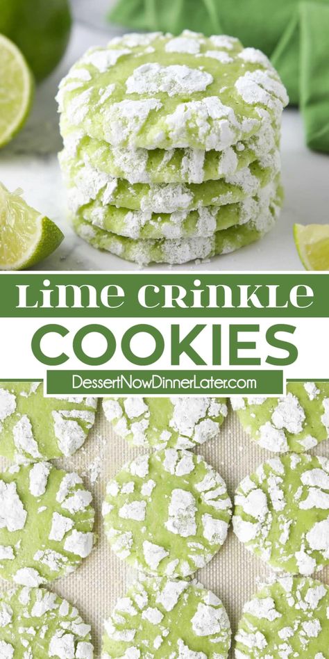 Soft-baked Lime Crinkle Cookies are flavored with real lime zest and juice. The powdered sugar cracks as it bakes revealing the tangy and moist lime cookies underneath. Key Lime Cake Mix Cookies, Lime Baked Goods, What To Do With Extra Limes, Recipes Using Fresh Limes, What To Make With Limes, Key Lime Cookies Recipe, Recipes Using Limes, Lime Cookies Recipes, Lime Deserts