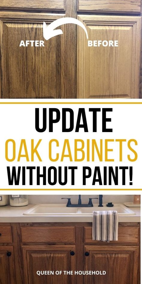 How to update oak cabinets without paint Oak Cabinets Without Painting, Update Oak Cabinets, Updating Oak Cabinets, Stained Kitchen Cabinets, Update Kitchen Cabinets, Honey Oak Cabinets, Asma Kat, Update Cabinets, Oak Cabinet