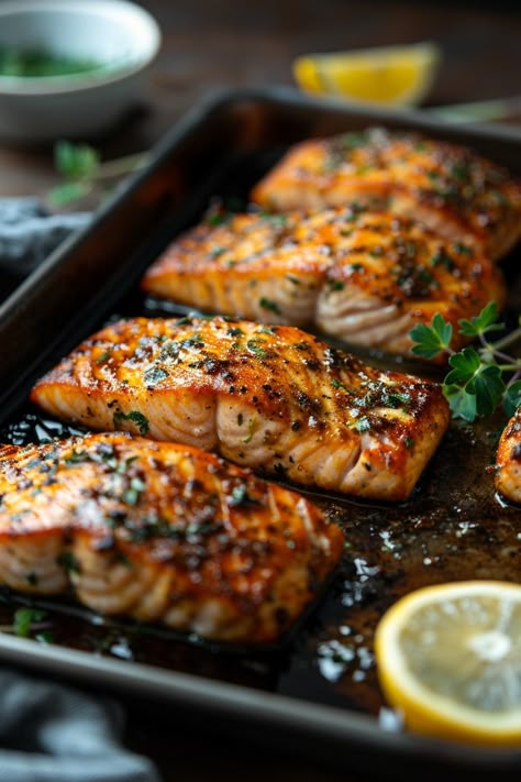 Grilled salmon fillets garnished with herbs and lemon slices on a baking tray. Atlantic Salmon Recipe Air Fryer, Orange Roughy Recipes Air Fryer, Airfry Salmon Filet, Airfry Salmon Recipes, Airfryer Salmon Recipes, Salmon Airfryer Recipe, Air Fryer Salmon Filet, Frozen Salmon In Air Fryer, Salmon From Frozen