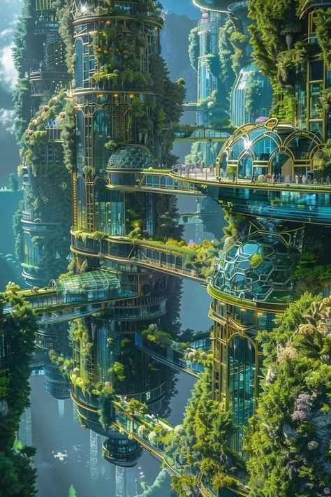 Solarpunk Lunarpunk, Cities Concept Art, Futuristic Landscape, Futuristic Cities, Sci Fi Landscape, Learn And Play, Iconic Buildings, Fantasy City, Fantasy Setting