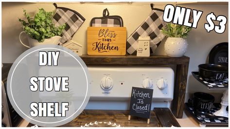 Diy Stove Top Cover Dollar Tree, Stove Shelf Diy, Diy Spice Shelf, Spice Rack Over Stove, Stove Shelf, Farmhouse Stove, Diy Stove, Shelf Spice Rack, Diy Spice Rack