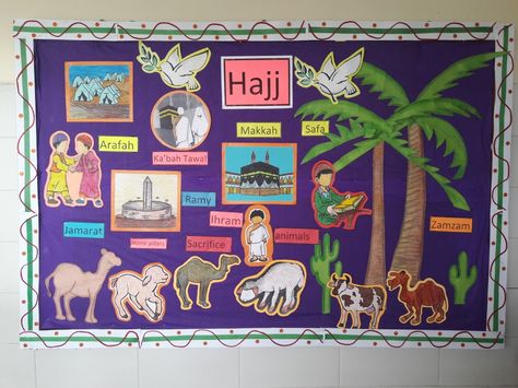 Hajj theme bulliten board by Sumera Saleem Islamic Soft Board Ideas, Islamic Bulletin Board Ideas, Islamic Vision Board, Islamic Classroom, Islamic Activities, Eid Activities, Soft Board, Muslim Kids Activities, Hajj Pilgrimage