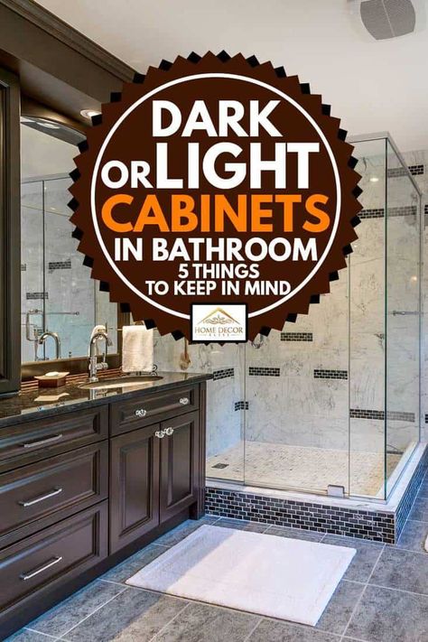 Bathroom With Dark Vanity Ideas, Bathroom Cabinet And Countertop Ideas, Bathroom Dark Brown Vanity, Small Bathroom Dark Vanity, Bathroom Cabinet Colors With Dark Floors, Brown Cabinet Bathroom Ideas, Cherry Wood Bathroom Cabinets, Dark Vanity Countertop Bathroom, Painted Brown Bathroom Cabinets