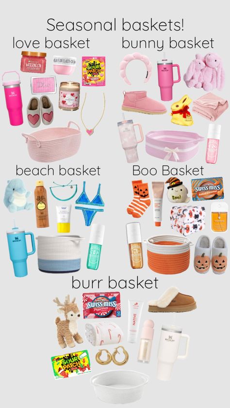 Seasonal basket! #love#bunny#beach#boo#burr Preppy Birthday Gifts, Making A Gift Basket, Baskets Ideas, Birthday Presents For Friends, Holiday Baskets, Preppy Gifts, Birthday Basket, Cute Birthday Ideas, Diy Birthday Gifts For Friends