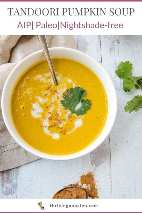 This delicious nightshade-free, seed-free spiced soup is easily made in 15 minutes from a can of pumpkin, some veggies, stock, and a few spices. If you're bored out of your skull with your AIP dishes, this will be just the thing to spice it up! #aiprecipes #aipsoup #aipdiet #thrivingonpaleo Soup Paleo, Paleo Soup, Pumpkin Soup Recipe, Veggie Stock, Aip Paleo, Photo Food, Aip Recipes, Spice It Up, Grain Free Recipes