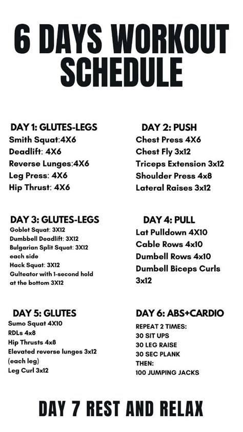 Women's 6-Day Workout Schedule #workoutplan #fitnessgoals #workoutroutine #fullbodyworkout #exerciseplan #weeklyworkout. https://www.theworldaccordingtome.org/healthy-food-and-drink-recipes/1859787_weekly-gym-workout-plan-for-women-get-strong-and-feel-great/?exs42 6 Day Workout Plan Gym, Outdoor Workout Ideas, Workout Days Schedule Women, Muscle Group Workout Schedule, Workout Split Schedule, Gym Workout Schedule For Women, Strength Training Schedule For Women, Muscle Building Workouts For Women, Gym Schedule For Women