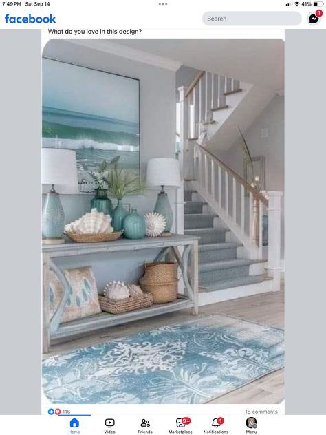 Ocean Theme Living Room, Beach House Entrance, Boho Entryway Ideas, Boho Entrance, Coastal Entryway Ideas, Beach House Entryway, Hamptons Vibe, Coastal Floor Lamps, Seashell Decorations