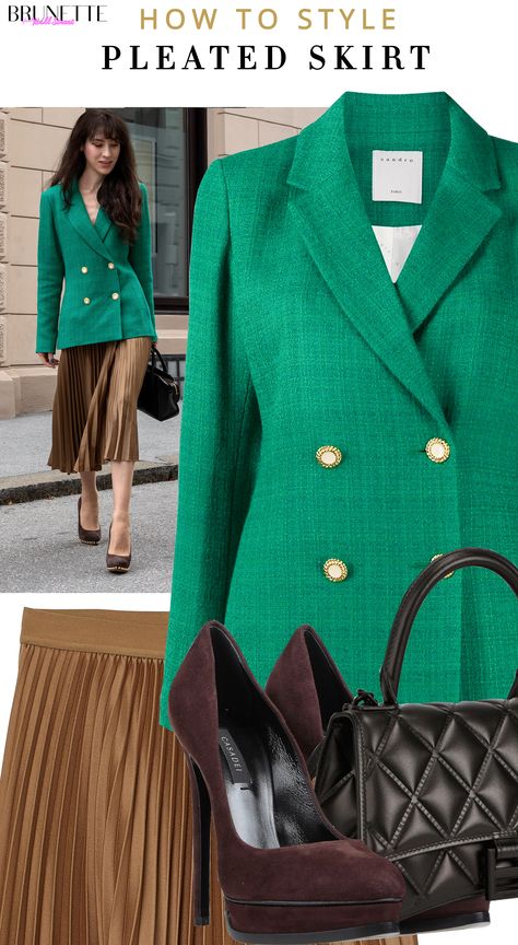 No idea #howtowear #golden #pleated #midiskirt for work tomorrow? Wear gold with #green and #brown. A double-breasted blazer from sandro Paris is a great #style option. Ps. Visit Brunette from Wall Street to find out more about this #trendy #fallworkoutfit now! How To Style Pleated Skirt, How To Wear A Pleated Skirt, Green Blazer Outfit, Green Outfits For Women, Style Pleated Skirt, Mustard Blazer, Blazer Verde, Skirt For Work, Gossip Girl Outfits