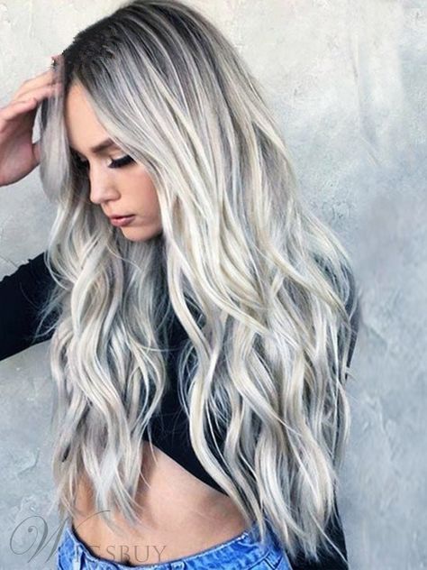 Natural Full Wigs Hair Long Wavy Wig Synthetic Heat Resistant Ombre Silver Lace Front Wigs 26Inches: Wigsbuy.com $86 Hair Inches, Blond Highlights, Blond Ombre, Front Hair, Wavy Wigs, Blonde Hairstyles, Alexis Bledel, Long Curly Wig, Grey Wig