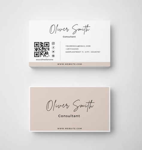 Beige QR Code Business Card Template Instant Digital - Etsy.de Business Card Design With Qr Code, Business Card Qr Code, Spa Business Cards, Qr Code Business, Qr Code Business Card, Modern Business Cards Design, Spa Business, Diy Business Cards, Simple Business Cards