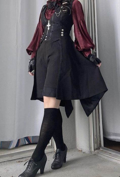 Decopunk Aesthetic Fashion, Male Villan Outfit, Red Black Clothes, Butler Outfit Aesthetic, Person Sitting With Legs Dangling, Soft Victorian Aesthetic Outfits, Coattails Jackets, Goth Fancy Outfit, Cute Vampire Outfit