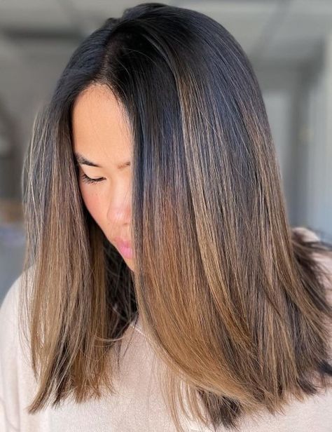 Chestnut Brown Ombre on Asian Straight Hair Asian Straight Hair, Straight Hair Color Ideas, Balayage On Straight Hair, Bronze Balayage, Plum Brown Hair, Ideas For Straight Hair, Straight Hair Color, Rebonded Hair, Balayage Asian Hair