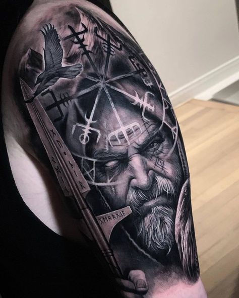 Thor Tattoo, Shoulder Armor Tattoo, Warrior Tattoo Sleeve, Viking Warrior Tattoos, Norse Mythology Tattoo, Viking Tattoo Sleeve, Catrina Tattoo, Armor Tattoo, Girl Arm Tattoos