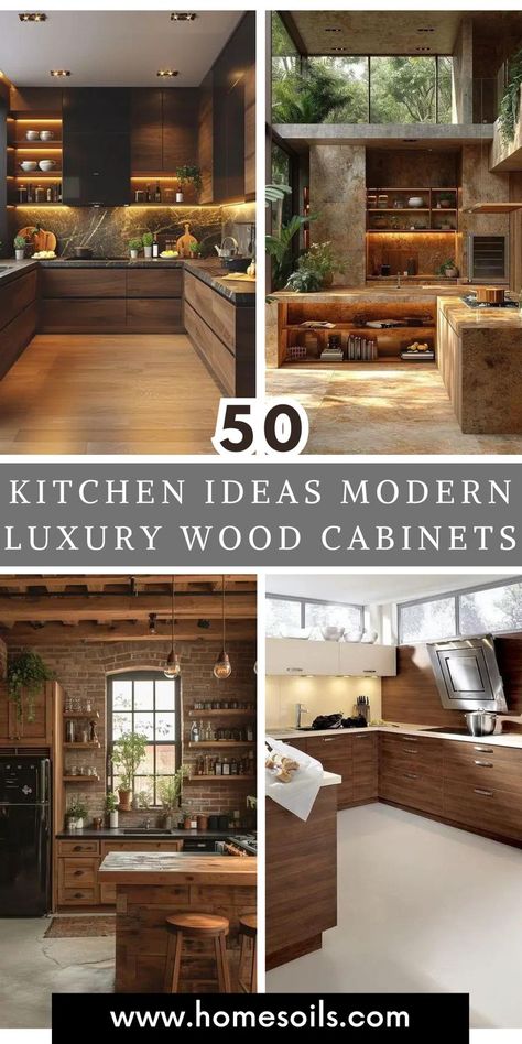 Discover 50 modern luxury kitchen ideas featuring stunning wood cabinets! From sleek, minimalist designs to rich, textured finishes, these kitchens blend natural warmth with contemporary style, offering elegant storage solutions and a luxurious, timeless feel for your dream cooking space. Brown Wood Kitchen Ideas, Burl Wood Kitchen Cabinets, Mountain Kitchen Design, Luxury Mountain Home Kitchen, Kitchen Wall Colors With Wood Cabinets, Modern Dark Wood Kitchen Cabinets, Hawaiian Kitchen Design Ideas, Natural Wood Kitchen Cabinets Modern, Walnut And Black Kitchen