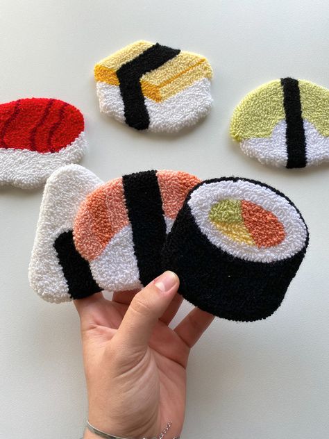 Punch Needle Coasters, Sushi Coasters, Handmade Mug Rug, Trend Rug Coasters, Drink Coasters for Sushi Lovers - Etsy Sushi Punch Needle, Needle Punch Keychain, Mug Rugs Punch Needle, Punch Needle Coaster Ideas, Punch Needle Designs Ideas, Punch Needle Decor, Punch Needle Patterns Ideas, Punch Needle Mug Rugs, Modern Punch Needle Art