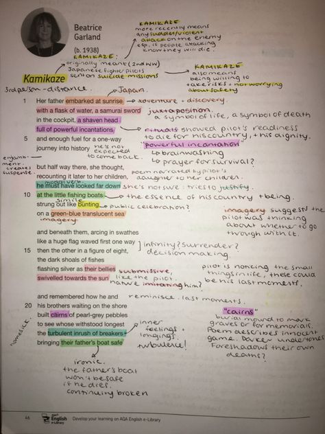 My annotations for the GCSE English Literature AQA Power and Conflict poems - Kamikaze. [page 1] Kamikaze Poem Analysis Gcse, Gcse English Poem Analysis, Kamikaze Annotations, Gcse Revision Notes English Poems, Aqa Power And Conflict Poems, Gcse English Literature Poetry, Poetry Anthology Gcse Annotations, Gcse Power And Conflict Poems Revision, Kamikaze Poem Analysis