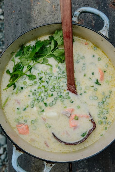 Coconut Sockeye Salmon Chowder – Drifters Fish Salmon Coconut Milk, Clean Soup, Salmon Coconut, Coconut Salmon, Sockeye Salmon Recipes, Soup Meals, Salmon Chowder Recipe, Salmon Soup, Salmon Chowder