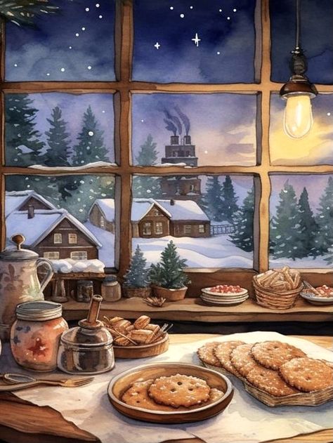 Homemade Gift Baskets, Baba Jaga, 달력 디��자인, Snowy Scene, Storybook Art, Winter Window, Handmade Christmas Crafts, Winter Illustration, Pub Decor