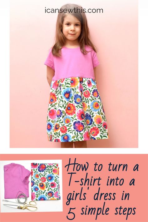 Sewing With Tee Shirt Fabric, Simple Dress Pattern Kids, T Shirt Dress Kids, Easy Dress Diy Beginners Sewing, Tshirt Dress Sewing Pattern Free, Turn A T Shirt Into A Dress, Dress Made From Tee Shirt, How To Make A T Shirt Dress, Easy Kids Dress Pattern Free