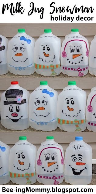 Milk Jug Snowman Craft, Christmas Lights In Milk Jugs, Repurpose Milk Jugs, Christmas Milk Jug Decor, Milk Jug Crafts For Christmas, Milk Jug Christmas Decorations, Milk Jug Halloween Decor, Gallon Jug Crafts, Milk Jug Halloween