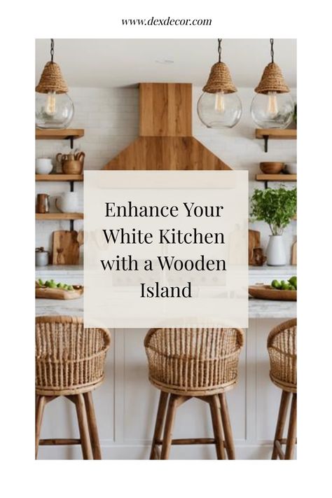 Modern white kitchen with a wooden island and woven pendant lights. White Black Natural Wood Kitchen, Natural Kitchen Island, White Kitchen Walnut Island, Wood Cabinets With Painted Island, Wood And Cream Kitchen, White And White Oak Kitchen, White Cabinets Wood Island, Modern Kitchen White Cabinets, Natural Wood Kitchen Island