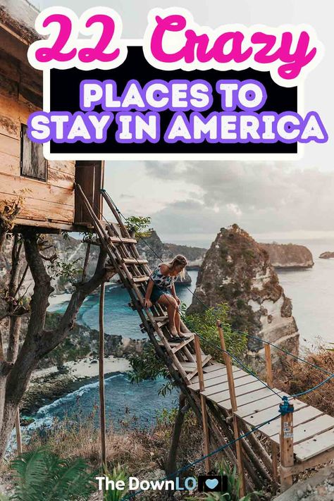 22 Crazy Places to Stay in America. Unique hotel design and architecture around the world makes a crazy vacation concept come to life. Inspiration and ideas for your next trip from outdoor treehouses to mountain and nature retreats. These awesome home rentals and airbnb are not your average resort. From budget to luxury, beach to city, plan to stay at one of these awesome, weird hotels in America or add it to your travel bucket lists. Unique Us Vacations, Cool Hotels In United States, Fun Places To Visit In The Us, Places To Vacation In The Us, Unique Places To Stay In The Us, Unique Travel Experiences, Unique Places To Travel In The Us, Unique Vacations In The Us, Cool Places To Visit In The Us