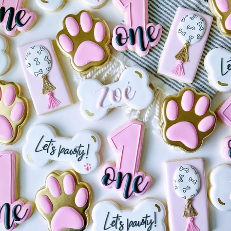 Puppy Smash Cake 1st Birthdays, Let’s Pawty Birthday, Lets Pawty Birthday Theme, Puppy First Birthday Party, Puppy Birthday Theme, Puppy Cookies, Dog Bday, Poppy Birthday, Dog First Birthday