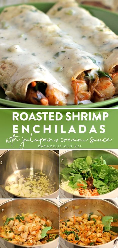 Roasted Shrimp Enchiladas With Jalapeno Cream Sauce, Shrimp And Chicken Enchiladas Recipes, Roasted Shrimp Enchiladas, Chicken And Shrimp Enchiladas, Creamy Shrimp Enchiladas Recipe, Easy No Cook Potluck Ideas, Shrimp Enchiladas Recipes Easy, What To Make With Jalapenos, Enchiladas Shrimp