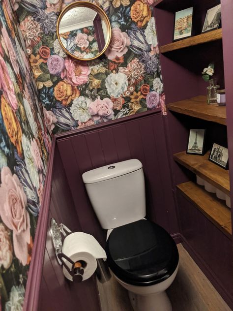 Downstairs toilet with deep dark purple and wallpaper. Follow @atgrovehouse on Instagram for more Purple Toilet Room, Purple Wall Bathroom, Purple Bathroom Wallpaper, Downstairs Toilet Ideas Wallpaper And Panelling, Dusty Purple Bathroom, Dark Purple Bathroom Ideas, Dark Downstairs Toilet, Cloakroom Toilet Downstairs Loo, Dark Purple Bathroom