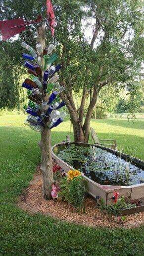 Love Cottage Planters, Canoe Pond, Ponds Ideas, Yard Pond, Moderne Have, Taman Diy, Backyard Ponds, Taman Air, Garden Pond Design