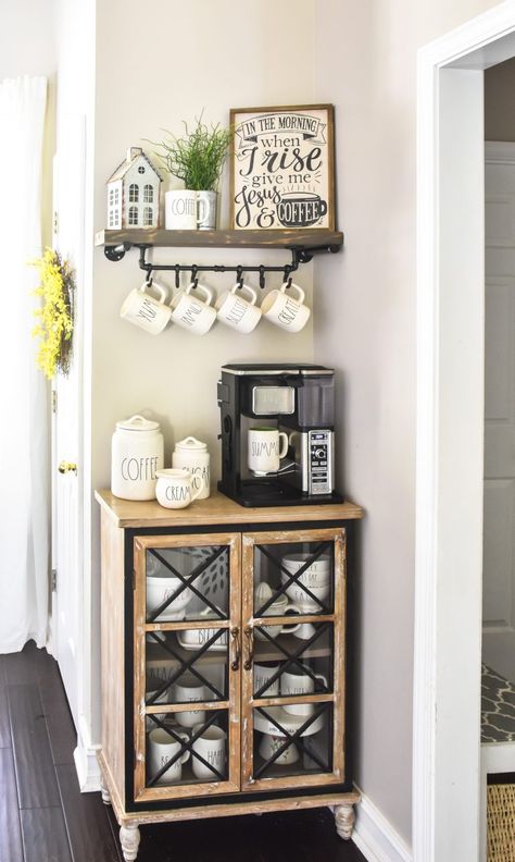 Diy Floating Shelf, Coffee Bar Station, Farmhouse Coffee Bar, Diy Coffee Bar, Coffee Bar Ideas, Coffee Bar Design, Home Coffee Stations, Design Café, Bar Inspiration