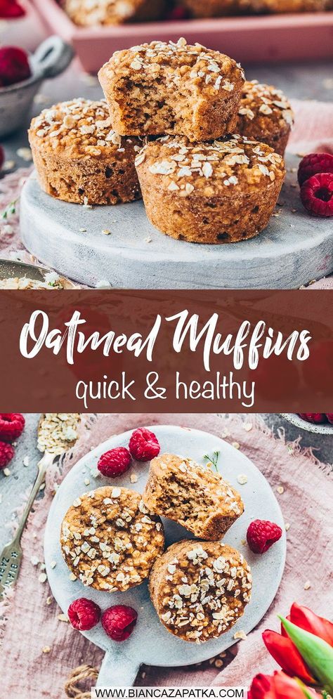 These healthy oatmeal muffins are quick and easy to make with oats, applesauce and vegan yogurt – no banana, no egg, no flour and no sugar needed for this simple recipe! They are perfect for breakfast or as a snack; also Ideal for meal prep to make ahead and freeze! Vegan Oatmeal Muffins, Healthy Vegan Oatmeal, Easy Oatmeal Muffins, Egg Free Cupcakes, Egg Free Muffins, Muffin Cupcakes, Oatmeal Cupcakes, Oatmeal Muffins Healthy, Oats Snacks