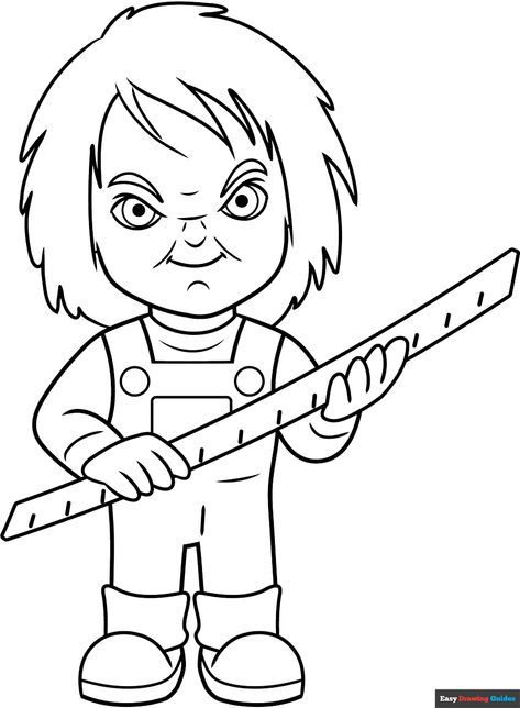 Free, printable Chucky coloring page for kids. Print it out or color it online. Chucky Coloring Pages Free Printable, Easy Chucky Drawing, Scary Coloring Pages Free Printable, Chucky Coloring Pages, Chucky Drawing Easy, Ghostface Coloring Page, Horror Coloring Pages, Chucky Drawing, Scary Coloring Pages