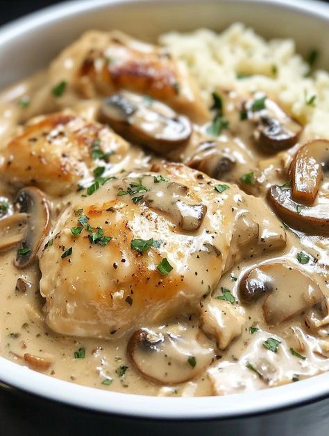 Slow Cooker Creamy Mushroom Chicken Mushroom Chicken Crockpot, Crockpot Mushrooms, Chicken And Mushrooms, Creamy Mushroom Chicken, Garlic Sauce Recipe, Chicken Breast Seasoning, Creamy Mushrooms, Mushroom Chicken, Easy Family Meals