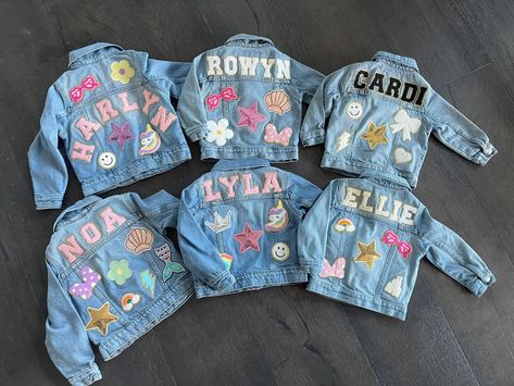 Iron On Patches Denim Jacket, Kids Jean Jacket With Patches, Iron On Patch Jean Jacket, Jean Jacket Decorating Party, Diy Patch Denim Jacket, Girls Jean Jacket With Patches, Diy Patch Jean Jacket, Diy Denim Jacket Patch, Jean Jacket With Patches Diy