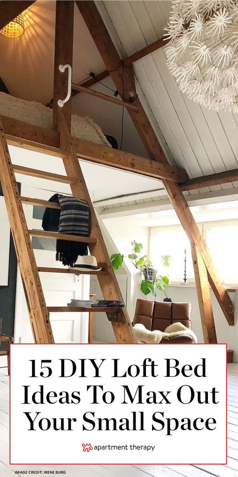 These 15 stylish DIY loft bed ideas of all sizes will help you maximize your small space. #diy #diyloftbed #loftbed #loftbedideas #bedroomideas #bedroomdecor #bedding #howtobuildloftbed #loftbeddiy #diyprojects #diyideas Loft Bed Ideas Attic Spaces, Semi Loft Bed, Double Cabin Bed Ideas, A Frame Loft Bedroom Ideas, Loft Bed Tiny House, Attic Sleeping Loft, Double Cabin Bed Adult, Tiny Home Loft Bedroom Ideas, Bedrooms With Loft Space