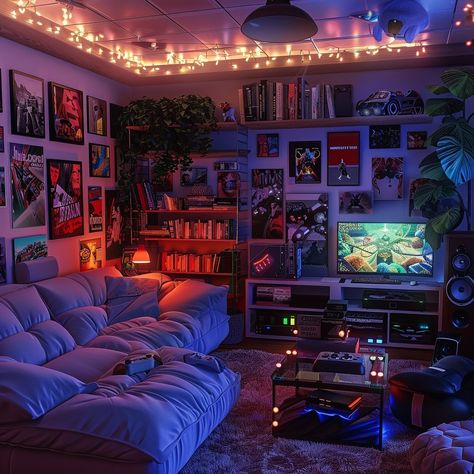 Which game room are you chilling in? 🎮 Cute Spare Room Ideas, Game Room Aesthetic Dark, Living Gaming Room, Gaming Studio Apartment, Gaming Library Room, Library And Gaming Room, Living Room And Game Room Combo, Retro Gaming Bedroom, Cozy Video Game Room