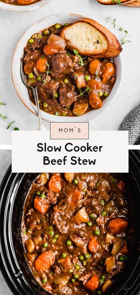 Mom's best ever slow cooker beef stew cooked to perfection with dry red wine, garlic, fresh herbs and tender potatoes and carrots. This easy beef stew recipe is just like the classic one you grew up with and makes a delicious, protein-packed dinner the whole family will love! #beefstew #slowcooker #slowcookerrecipe Beefstew Slowcooker, Slow Cooker Recipes Beef Stew, Easy Beef Stew Recipe, Crockpot Recipes Beef Stew, Easy Beef Stew, Beef Stew Crockpot, Slow Cooker Beef Stew, Dry Red Wine, Healthy Slow Cooker