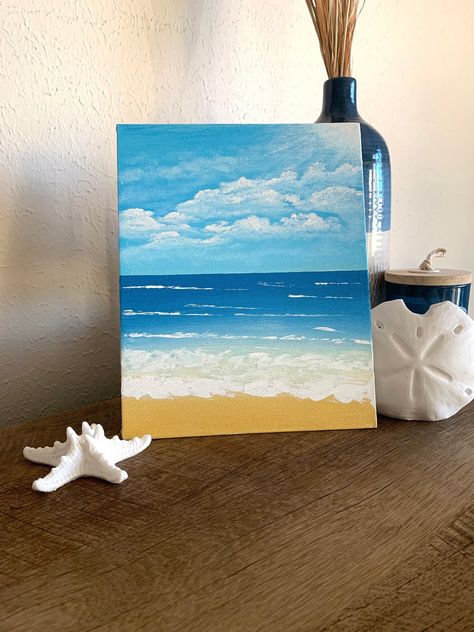 Blue Painting Aesthetic, Ocean Painting Easy, Ocean Painting Acrylic, Paint Ocean, Art Mini Toile, Ocean Art Painting, Halloweenský Makeup, Beach Scene Painting, Ocean Drawing